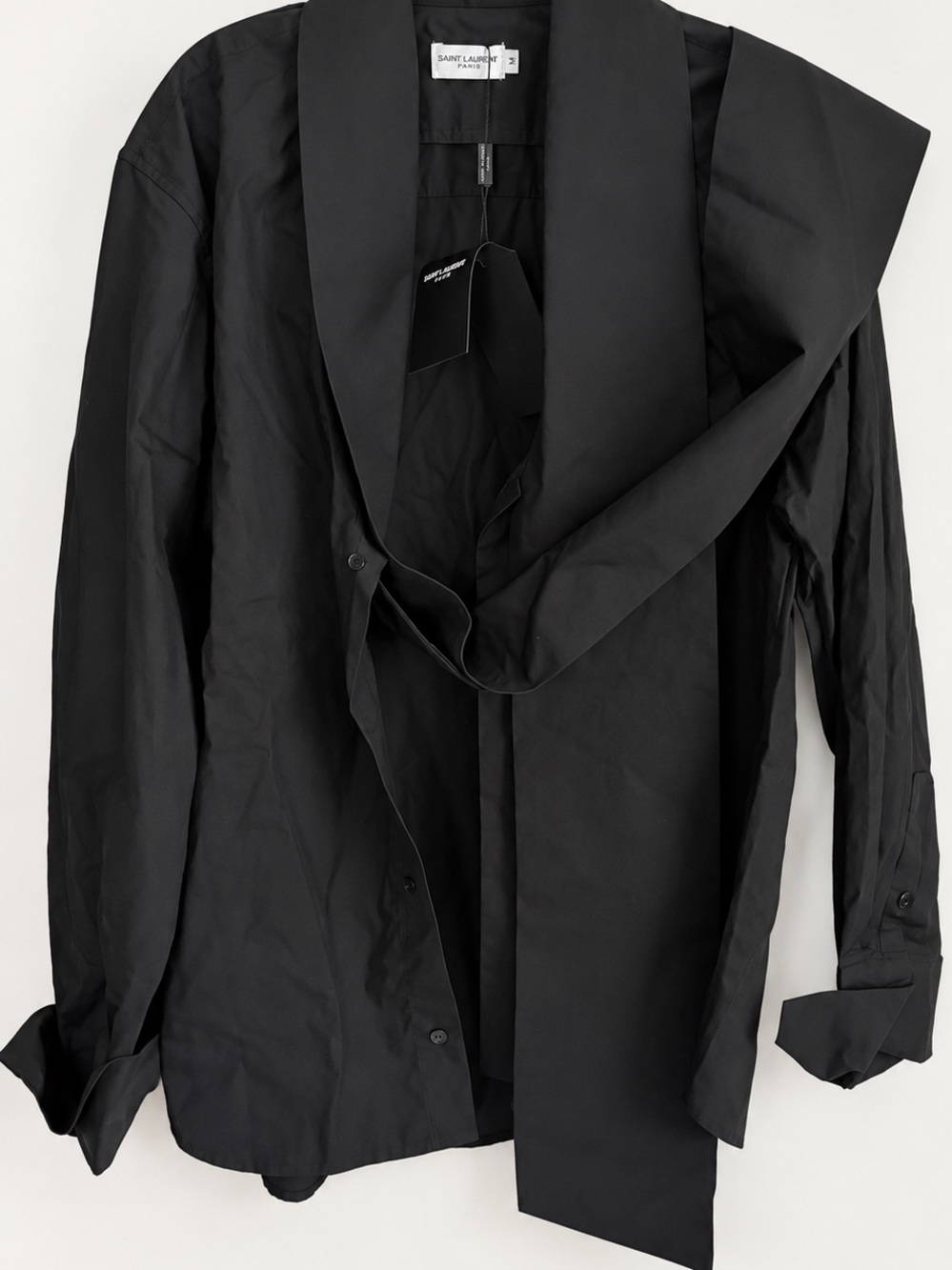 Saint Laurent Black Draped Satin-Trim Trench Shirt